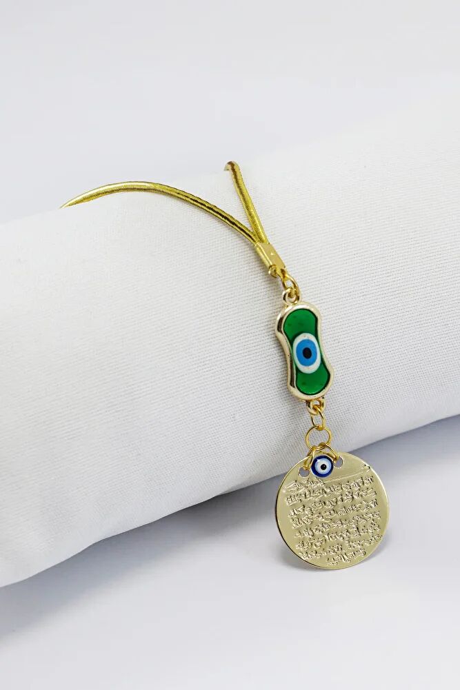 Yeşil Elips Nazar Boncuklu Metal Ayetel Kürsi Araba Dikiz Ayna Süsü, Gold Renkli