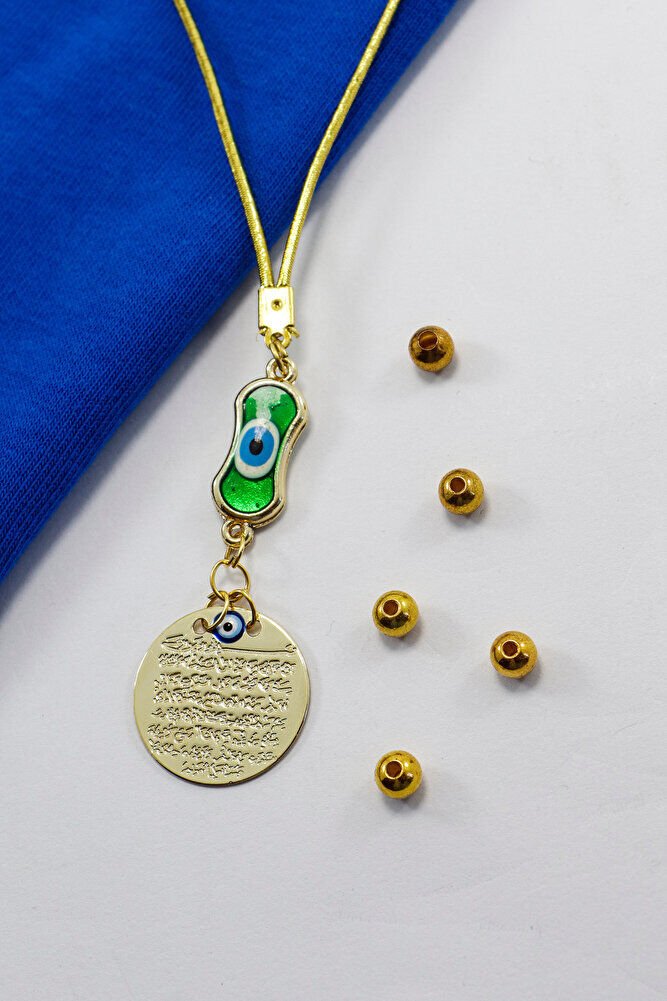 Yeşil Elips Nazar Boncuklu Metal Ayetel Kürsi Araba Dikiz Ayna Süsü, Gold Renkli