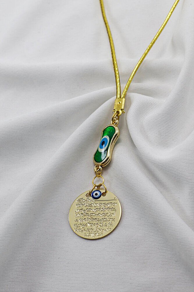 Yeşil Elips Nazar Boncuklu Metal Ayetel Kürsi Araba Dikiz Ayna Süsü, Gold Renkli