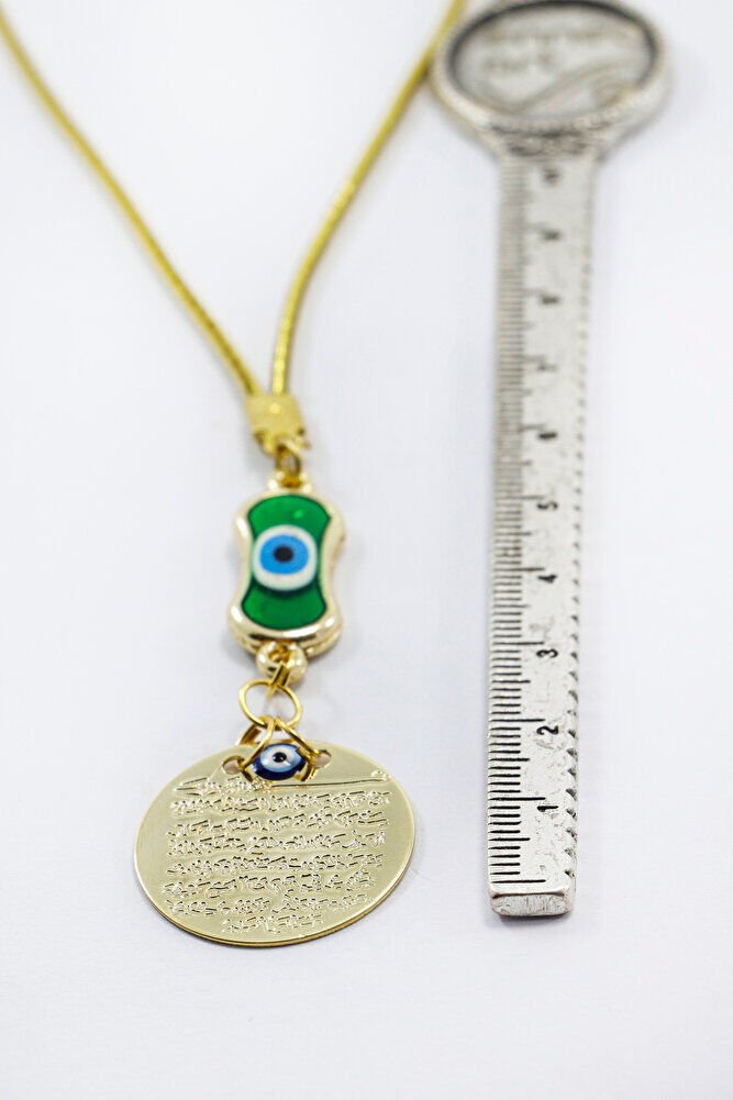 Yeşil Elips Nazar Boncuklu Metal Ayetel Kürsi Araba Dikiz Ayna Süsü, Gold Renkli