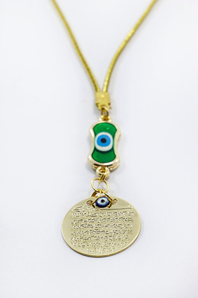 Yeşil Elips Nazar Boncuklu Metal Ayetel Kürsi Araba Dikiz Ayna Süsü, Gold Renkli