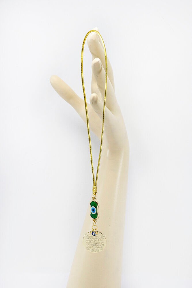 Yeşil Elips Nazar Boncuklu Metal Ayetel Kürsi Araba Dikiz Ayna Süsü, Gold Renkli