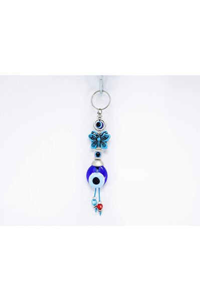 Handmade Glass Evil Eye Beaded Keychain with Framed Evil Eye Beaded Butterfly Figure
