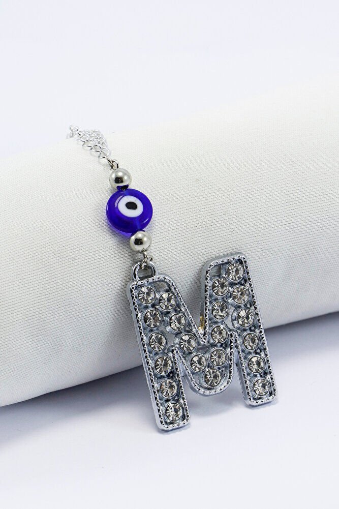 Kristal Taşlı M Harfi Metalik Renk Araba Dikiz Ayna Süsü, Hediyelik Nazar Boncuklu Araba Süsü