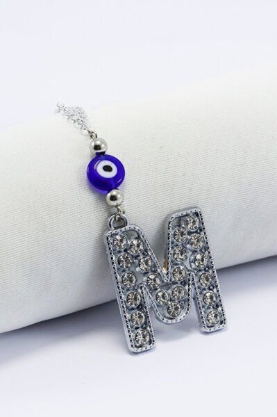 Kristal Taşlı M Harfi Metalik Renk Araba Dikiz Ayna Süsü, Hediyelik Nazar Boncuklu Araba Süsü