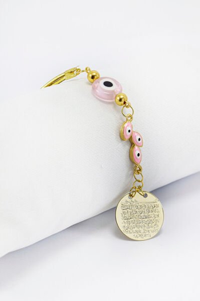 Pembe Yassı Nazar Boncuklu Salkım Metal Ayetel Kürsi Araba Dikiz Ayna Süsü, Gold Renkli