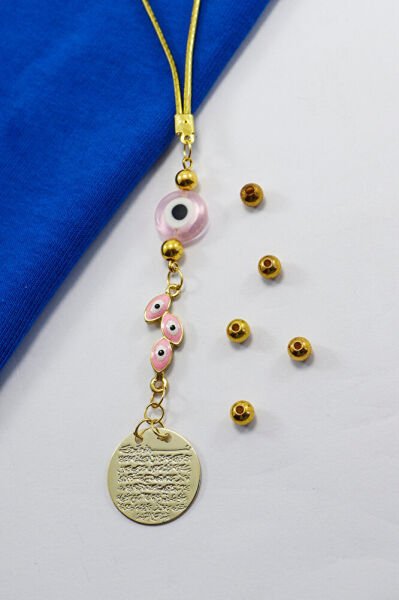 Pembe Yassı Nazar Boncuklu Salkım Metal Ayetel Kürsi Araba Dikiz Ayna Süsü, Gold Renkli