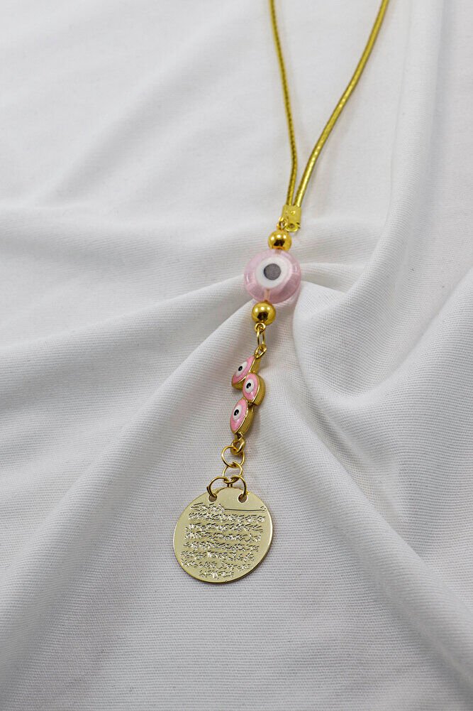 Pembe Yassı Nazar Boncuklu Salkım Metal Ayetel Kürsi Araba Dikiz Ayna Süsü, Gold Renkli