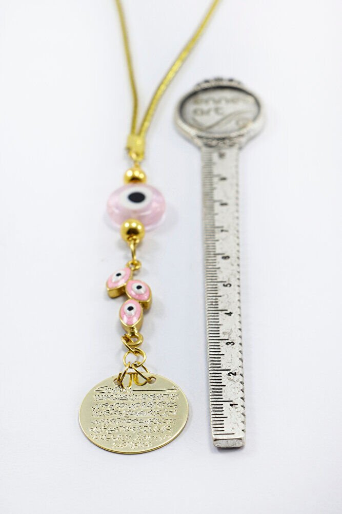 Pembe Yassı Nazar Boncuklu Salkım Metal Ayetel Kürsi Araba Dikiz Ayna Süsü, Gold Renkli