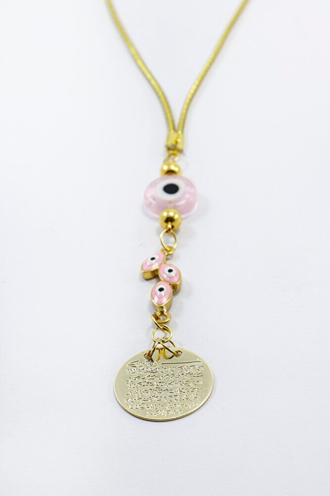 Pembe Yassı Nazar Boncuklu Salkım Metal Ayetel Kürsi Araba Dikiz Ayna Süsü, Gold Renkli