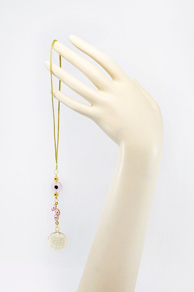 Pembe Yassı Nazar Boncuklu Salkım Metal Ayetel Kürsi Araba Dikiz Ayna Süsü, Gold Renkli