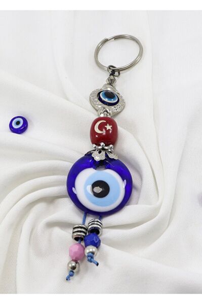 Navy Blue, Framed Evil Eye Crescent Star Handmade Glass Evil Eye Beaded Keychain, Gift Keychain