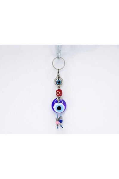 Navy Blue, Framed Evil Eye Crescent Star Handmade Glass Evil Eye Beaded Keychain, Gift Keychain