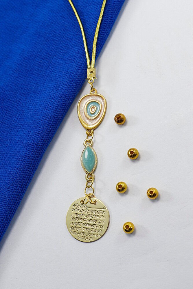 Pearlescent Turquoise Bead Metal Ayetel Kursi Car Rearview Mirror Ornament, Gold Color