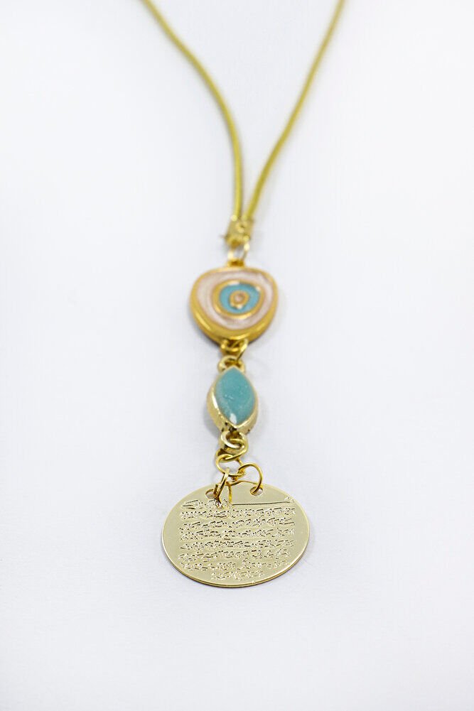 Pearlescent Turquoise Bead Metal Ayetel Kursi Car Rearview Mirror Ornament, Gold Color