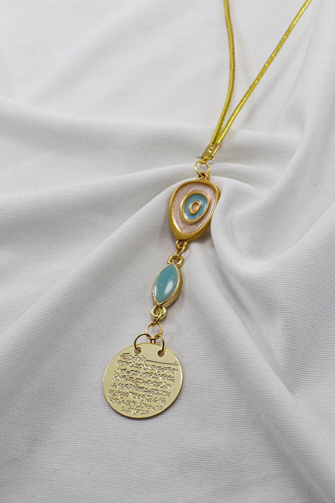 Pearlescent Turquoise Bead Metal Ayetel Kursi Car Rearview Mirror Ornament, Gold Color