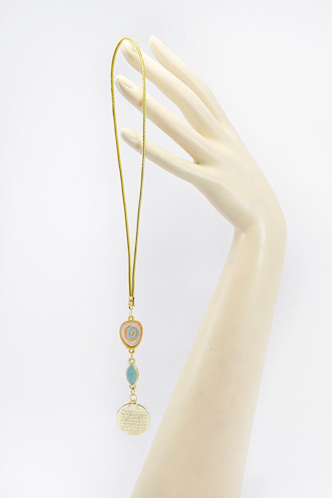 Pearlescent Turquoise Bead Metal Ayetel Kursi Car Rearview Mirror Ornament, Gold Color