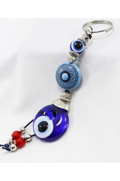 Patterned Circle Shaped Handmade Glass Evil Eye Beaded Keychain, Red Cluster Beaded Keychain