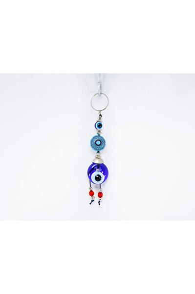 Patterned Circle Shaped Handmade Glass Evil Eye Beaded Keychain, Red Cluster Beaded Keychain