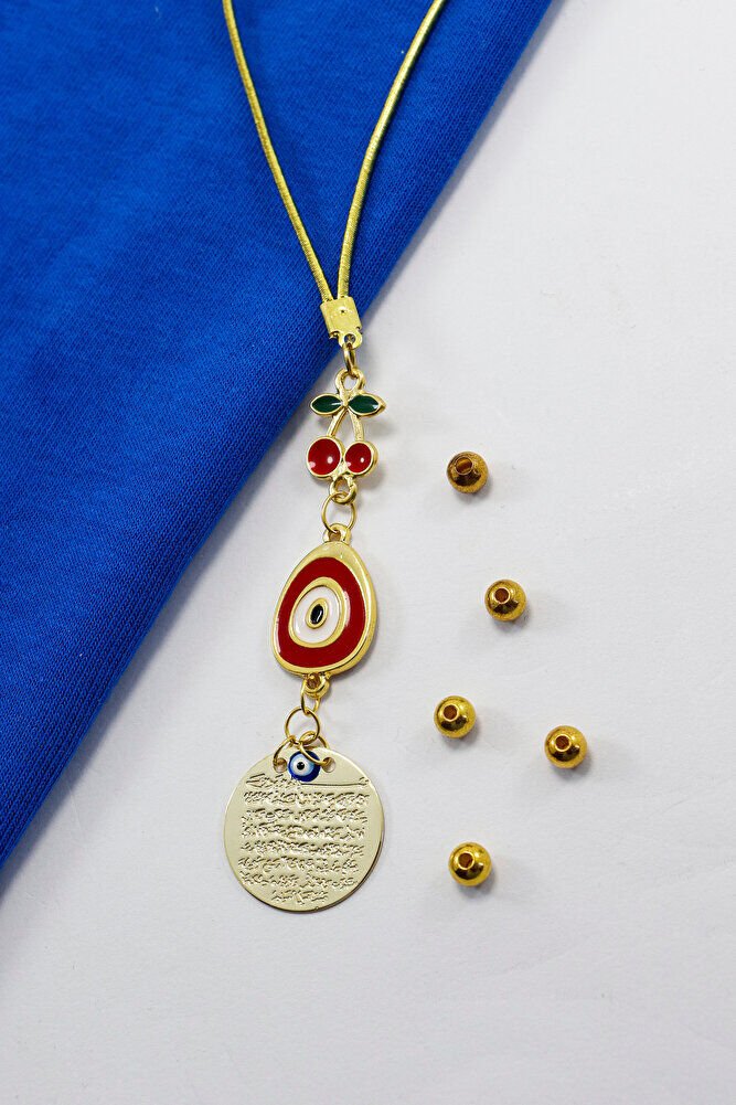 Kirazlı Kırmızı Nazar Metal Ayetel Kürsi Araba Dikiz Ayna Süsü, Gold Renkli