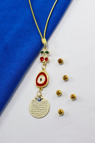 Kirazlı Kırmızı Nazar Metal Ayetel Kürsi Araba Dikiz Ayna Süsü, Gold Renkli