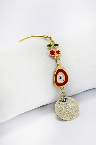 Kirazlı Kırmızı Nazar Metal Ayetel Kürsi Araba Dikiz Ayna Süsü, Gold Renkli