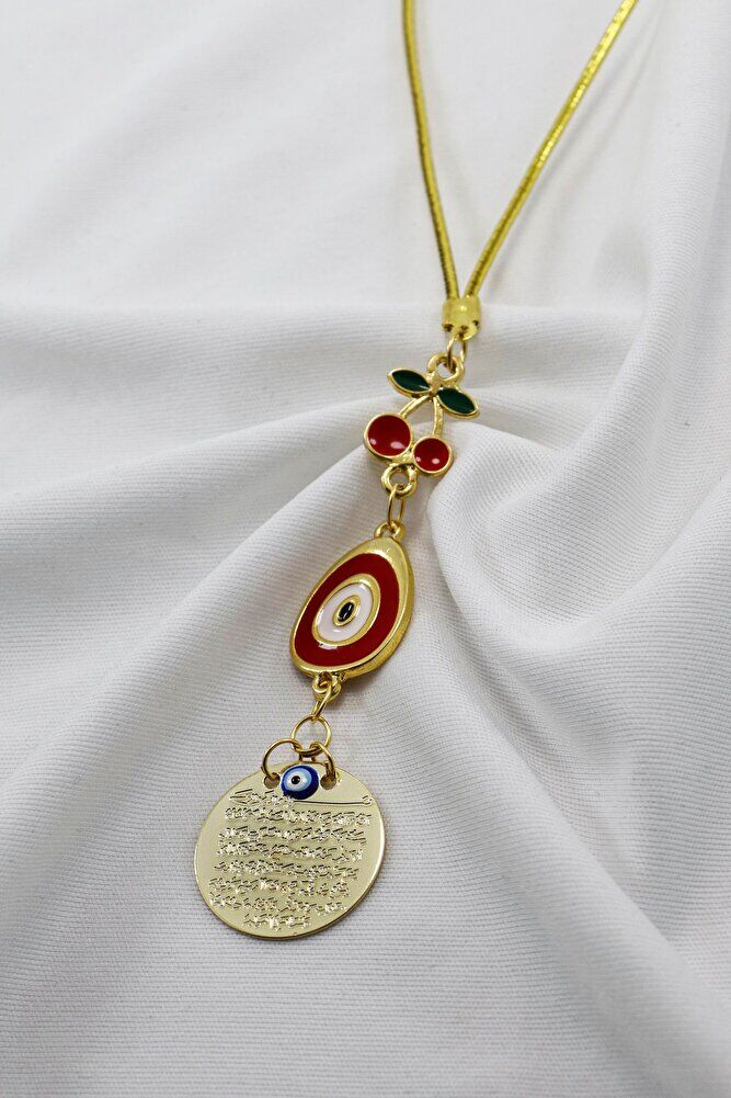 Kirazlı Kırmızı Nazar Metal Ayetel Kürsi Araba Dikiz Ayna Süsü, Gold Renkli