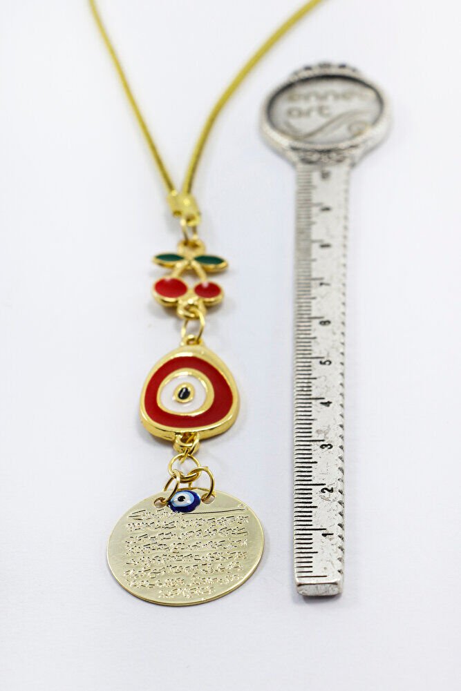 Kirazlı Kırmızı Nazar Metal Ayetel Kürsi Araba Dikiz Ayna Süsü, Gold Renkli