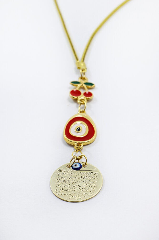 Kirazlı Kırmızı Nazar Metal Ayetel Kürsi Araba Dikiz Ayna Süsü, Gold Renkli