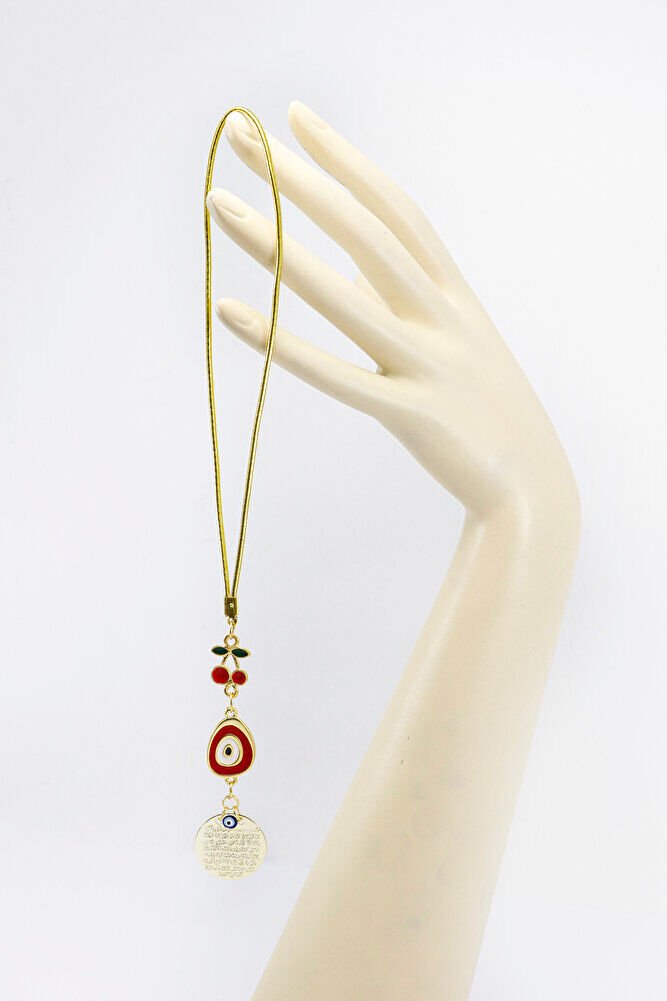 Kirazlı Kırmızı Nazar Metal Ayetel Kürsi Araba Dikiz Ayna Süsü, Gold Renkli