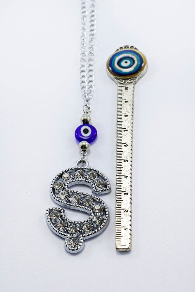 Kristal Taşlı Ş Harfi Metalik Renk Araba Dikiz Ayna Süsü, Hediyelik Nazar Boncuklu Araba Süsü