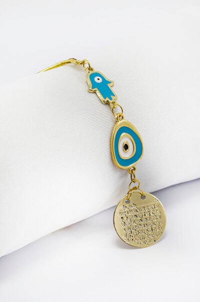 Mavi Hamse Eli Nazarlı Metal Ayetel Kürsi Araba Dikiz Ayna Süsü, Gold Renkli