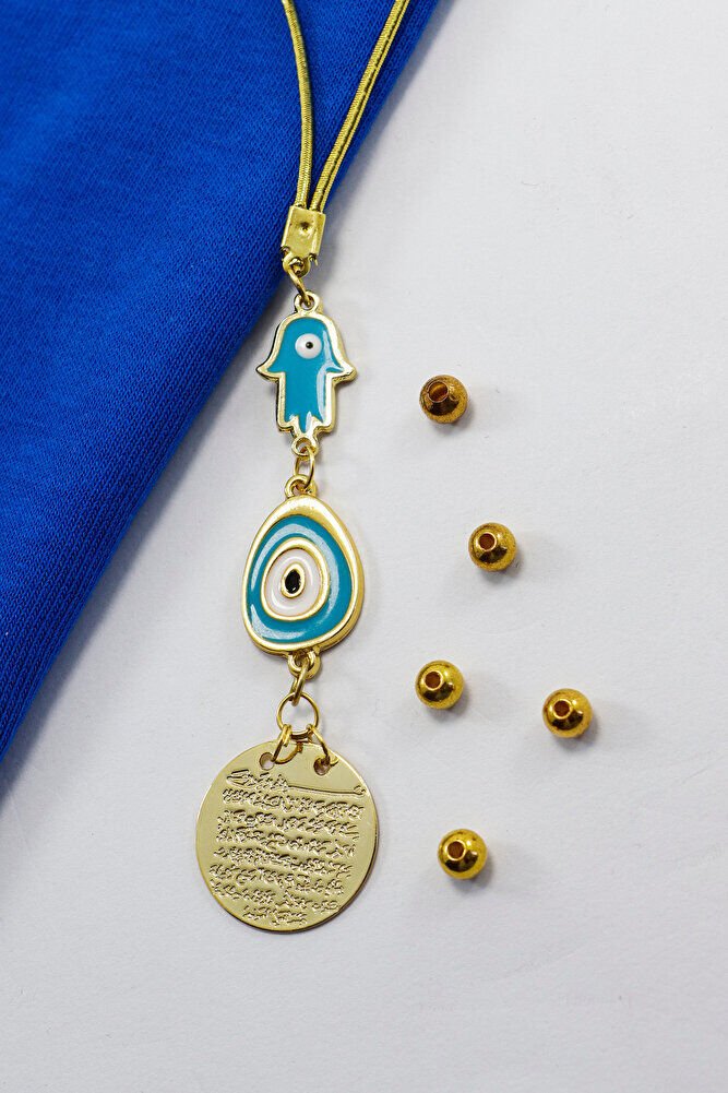 Mavi Hamse Eli Nazarlı Metal Ayetel Kürsi Araba Dikiz Ayna Süsü, Gold Renkli