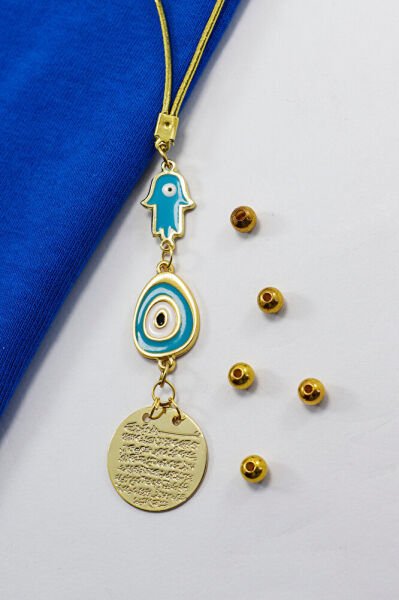 Mavi Hamse Eli Nazarlı Metal Ayetel Kürsi Araba Dikiz Ayna Süsü, Gold Renkli