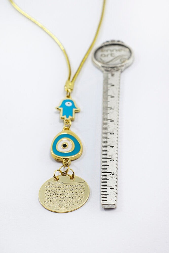 Mavi Hamse Eli Nazarlı Metal Ayetel Kürsi Araba Dikiz Ayna Süsü, Gold Renkli