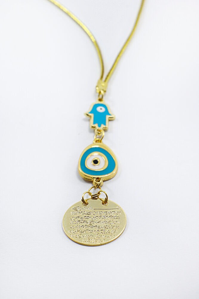 Mavi Hamse Eli Nazarlı Metal Ayetel Kürsi Araba Dikiz Ayna Süsü, Gold Renkli