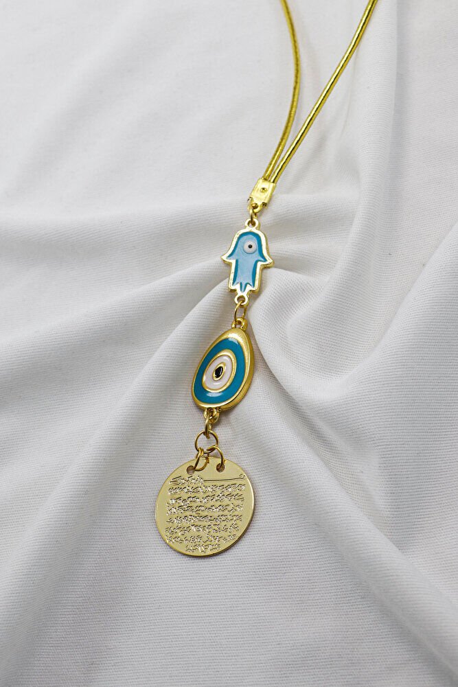 Mavi Hamse Eli Nazarlı Metal Ayetel Kürsi Araba Dikiz Ayna Süsü, Gold Renkli