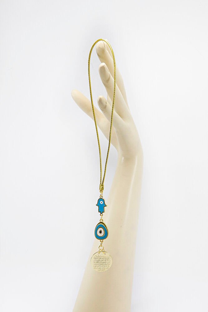 Mavi Hamse Eli Nazarlı Metal Ayetel Kürsi Araba Dikiz Ayna Süsü, Gold Renkli