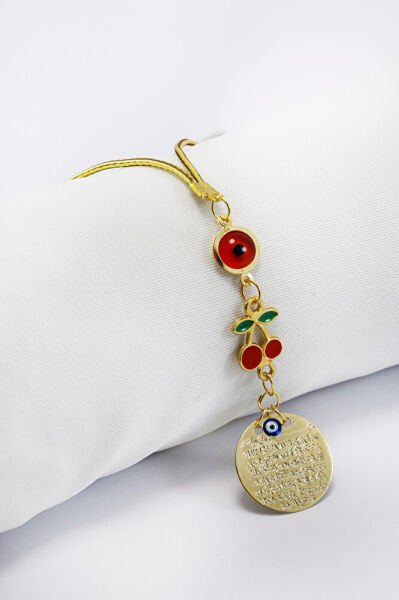 Çerçeveli Kırmızı Nazar Kirazlı Metal Ayetel Kürsi Araba Dikiz Ayna Süsü, Gold Renkli