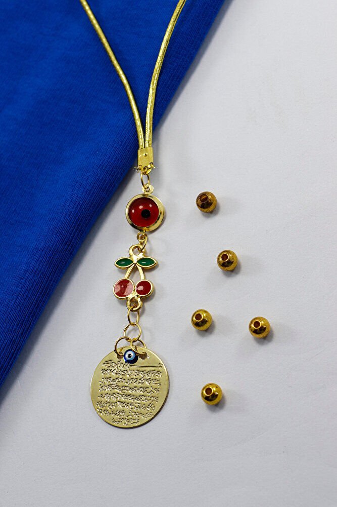 Çerçeveli Kırmızı Nazar Kirazlı Metal Ayetel Kürsi Araba Dikiz Ayna Süsü, Gold Renkli