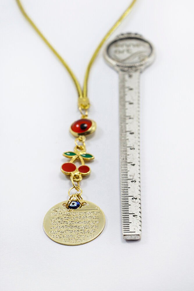 Çerçeveli Kırmızı Nazar Kirazlı Metal Ayetel Kürsi Araba Dikiz Ayna Süsü, Gold Renkli