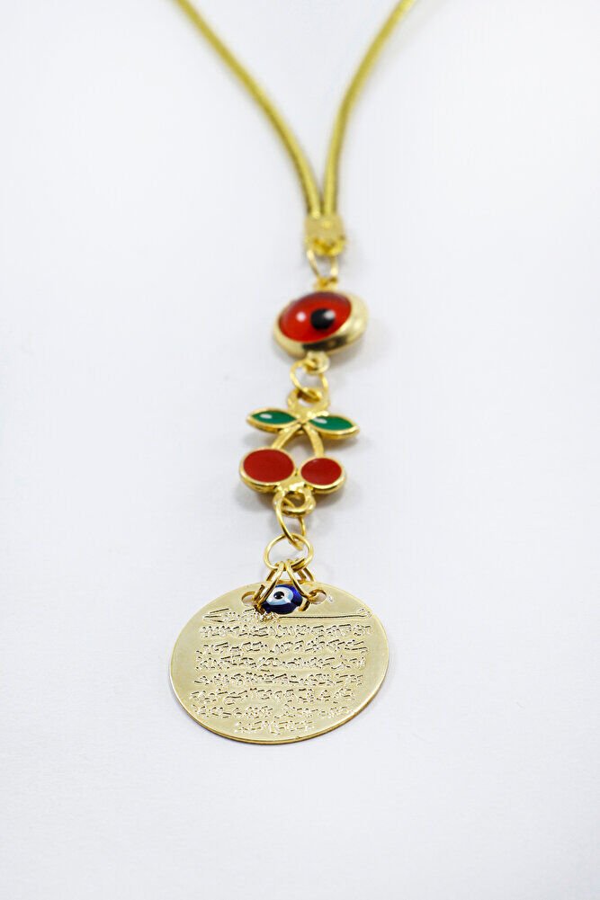 Çerçeveli Kırmızı Nazar Kirazlı Metal Ayetel Kürsi Araba Dikiz Ayna Süsü, Gold Renkli