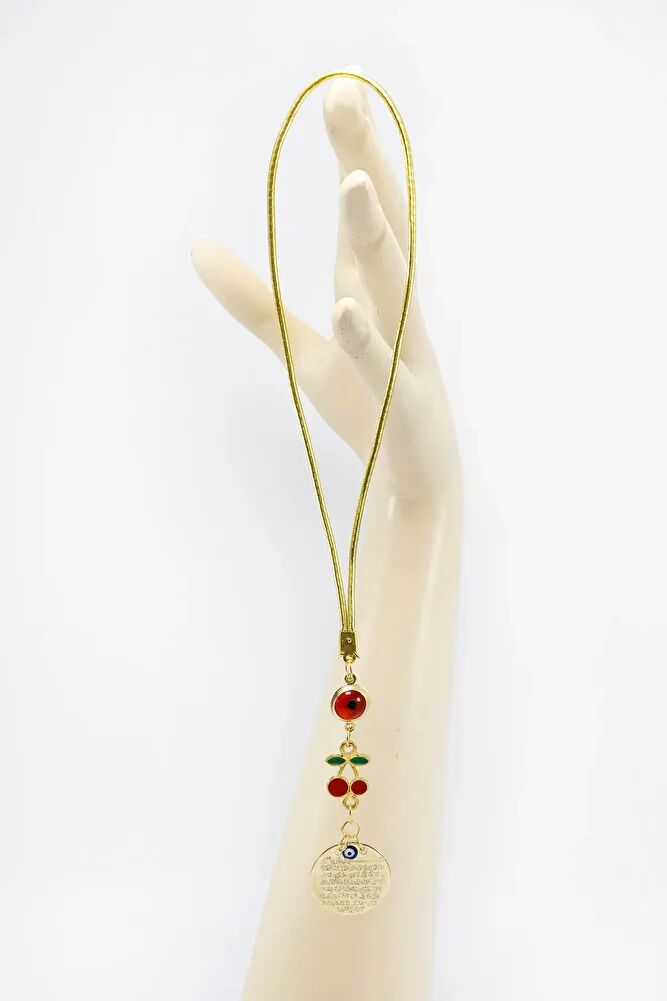 Çerçeveli Kırmızı Nazar Kirazlı Metal Ayetel Kürsi Araba Dikiz Ayna Süsü, Gold Renkli