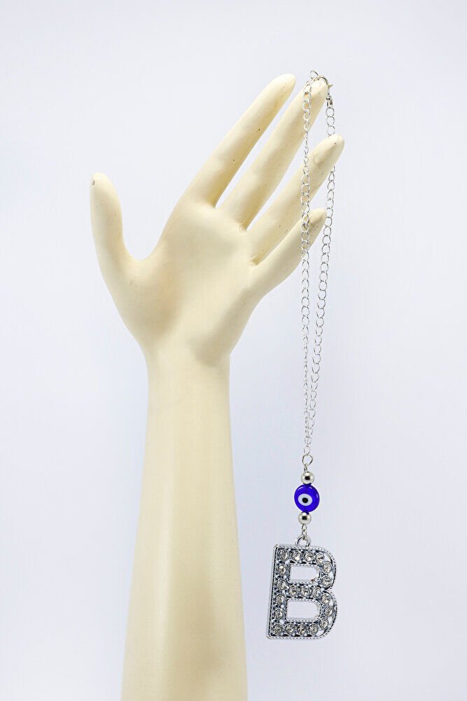 Kristal Taşlı B Harfi Metalik Renk Araba Dikiz Ayna Süsü, Hediyelik Nazar Boncuklu Araba Süsü