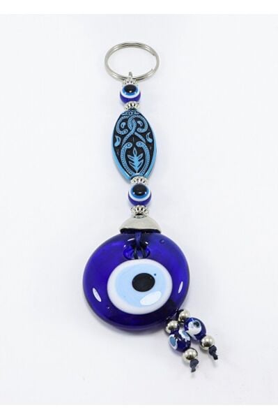 Navy Blue, Patterned Handmade Glass Evil Eye Beaded Keychain, Gift Keychain