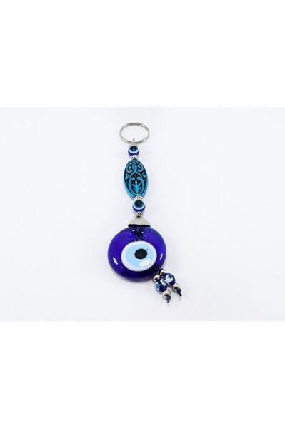 Navy Blue, Patterned Handmade Glass Evil Eye Beaded Keychain, Gift Keychain