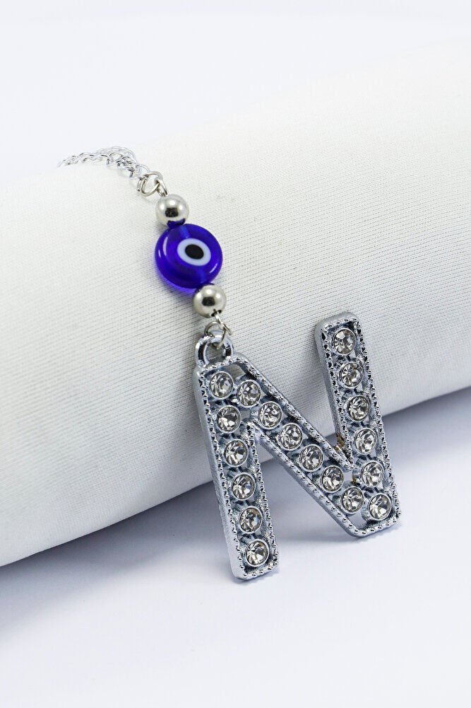 Kristal Taşlı N Harfi Metalik Renk Araba Dikiz Ayna Süsü, Hediyelik Nazar Boncuklu Araba Süsü