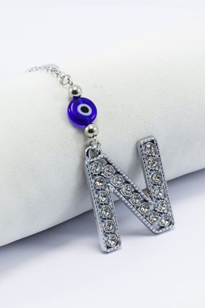 Kristal Taşlı N Harfi Metalik Renk Araba Dikiz Ayna Süsü, Hediyelik Nazar Boncuklu Araba Süsü