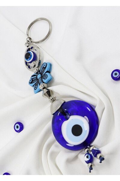 Navy Blue, Butterfly Figured Handmade Glass Evil Eye Beaded Keychain