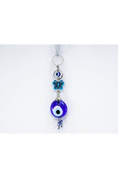 Navy Blue, Butterfly Figured Handmade Glass Evil Eye Beaded Keychain